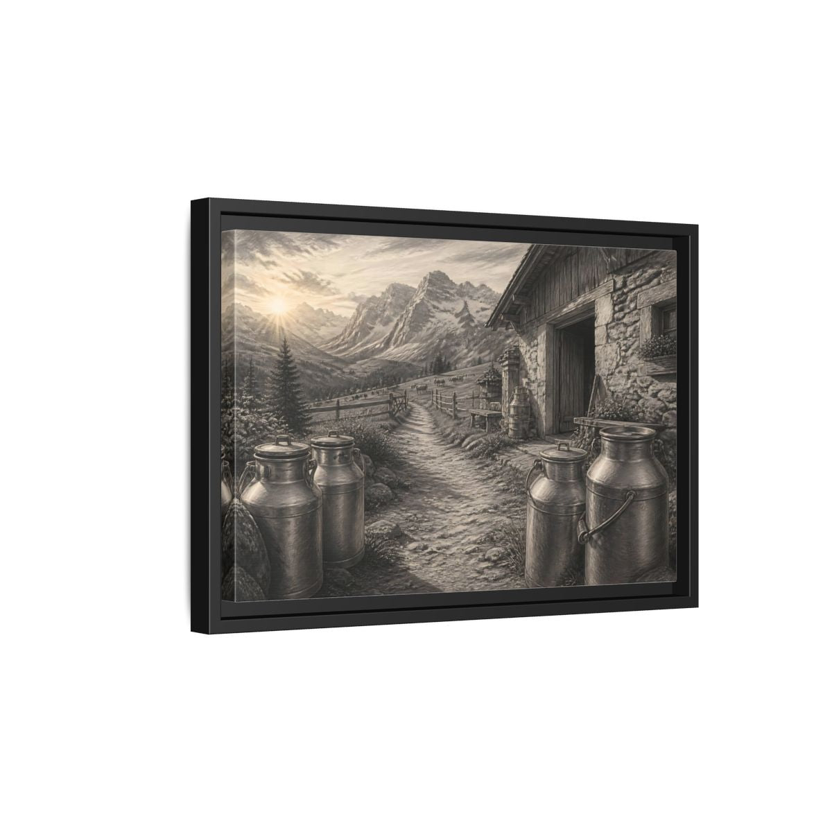Side Mockup 6. Alpine Milk Cans At Dawn shown as framed canvas print
