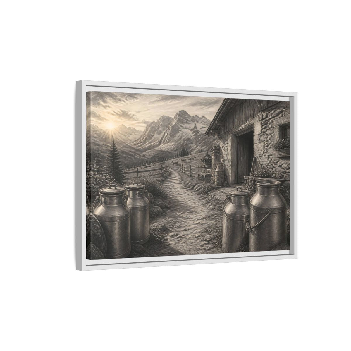 Side Mockup 1. Alpine Milk Cans At Dawn shown as framed canvas print