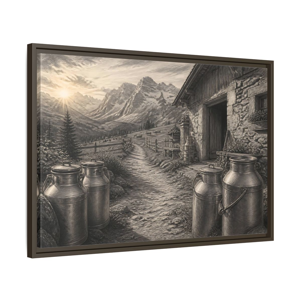 Side Mockup 11. Alpine Milk Cans At Dawn shown as framed canvas print