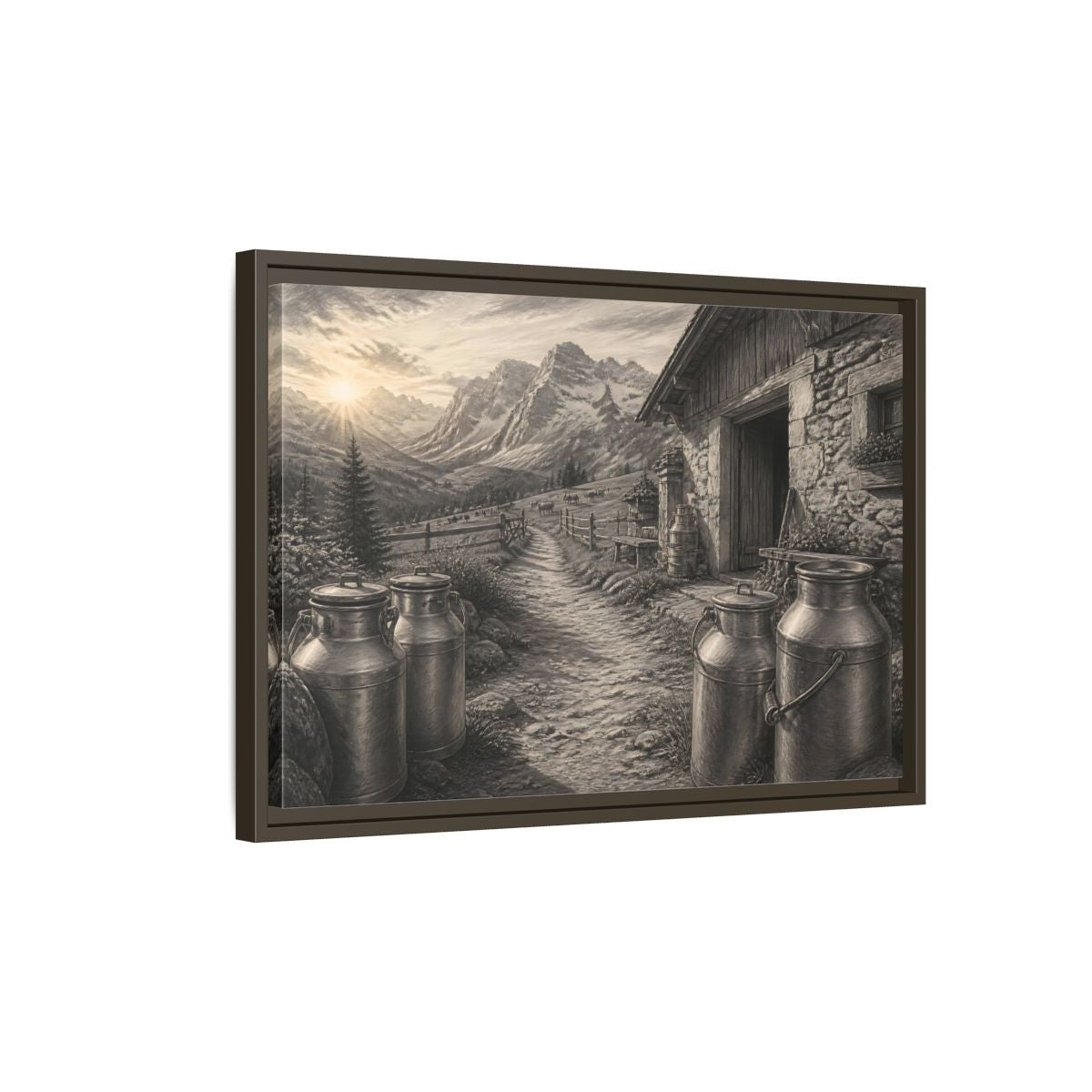 Side Mockup 2. Alpine Milk Cans At Dawn shown as framed canvas print