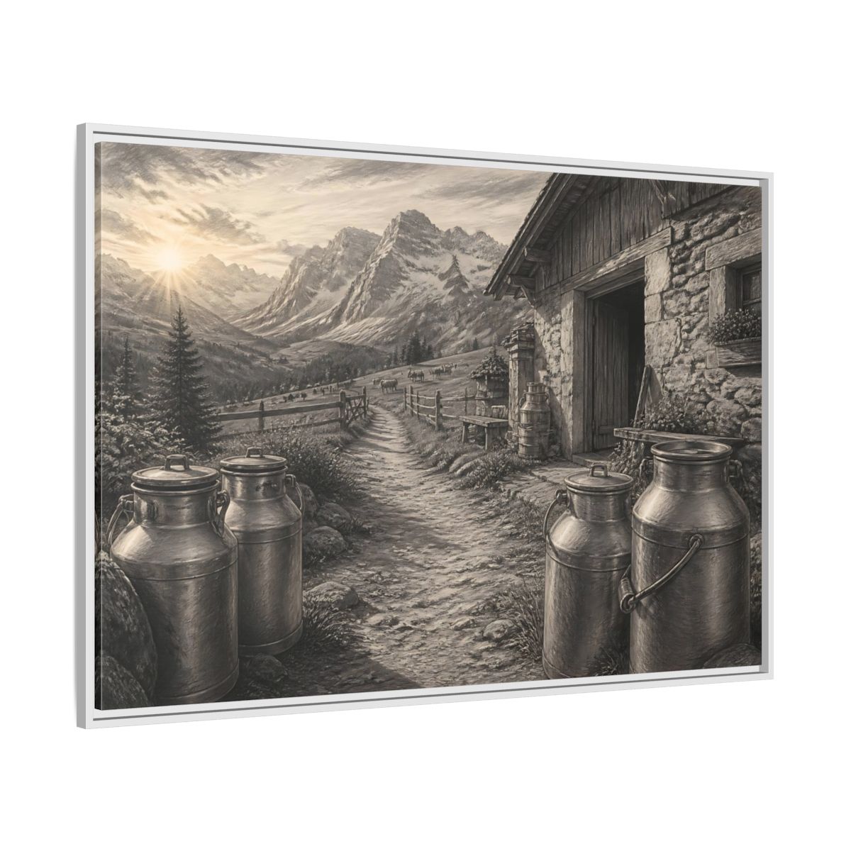 Side Mockup 7. Alpine Milk Cans At Dawn shown as framed canvas print
