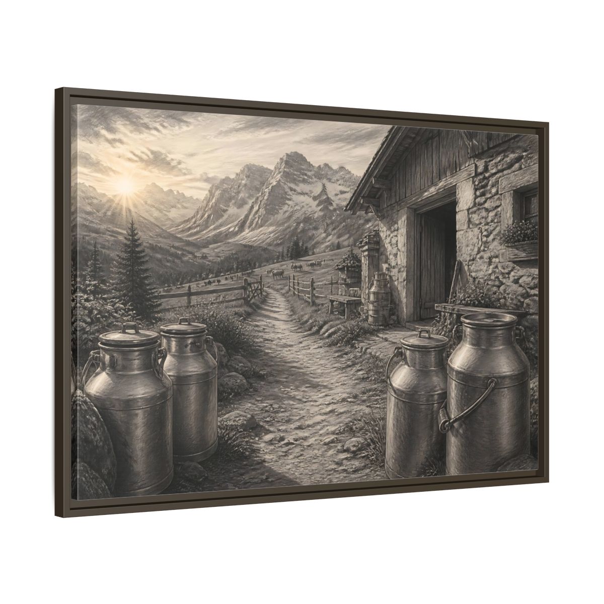 Main Mockup. Alpine Milk Cans At Dawn shown as framed canvas print