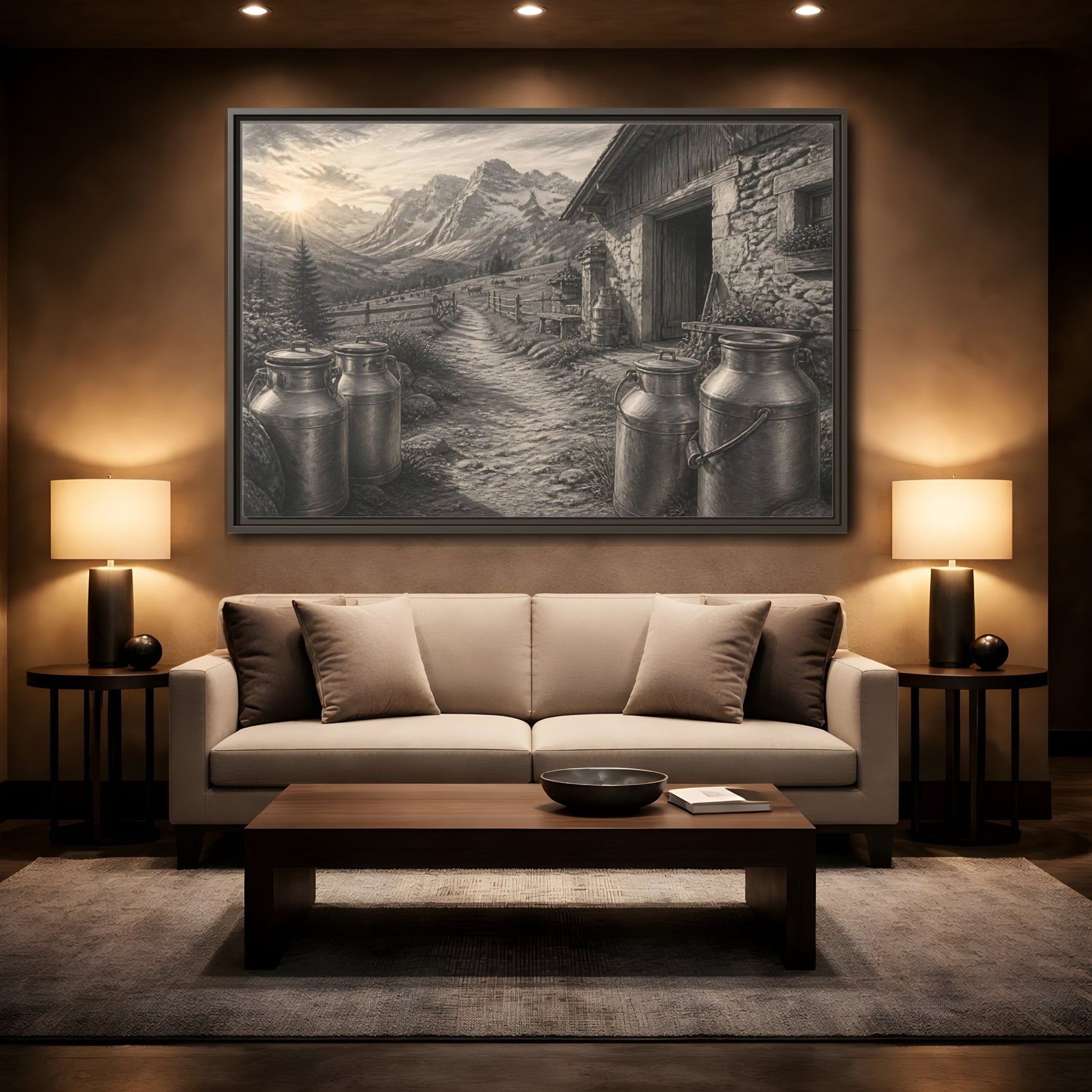 Mockup 2. Alpine Milk Cans At Dawn shown as framed canvas print
