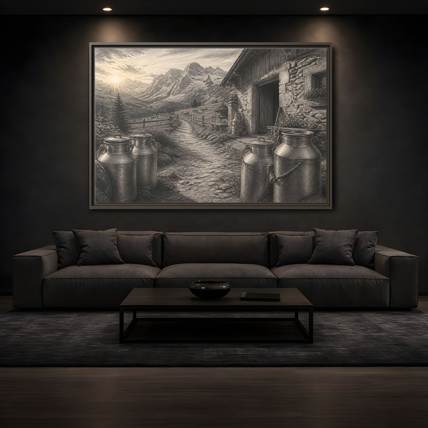 Mockup 3. Alpine Milk Cans At Dawn shown as framed canvas print