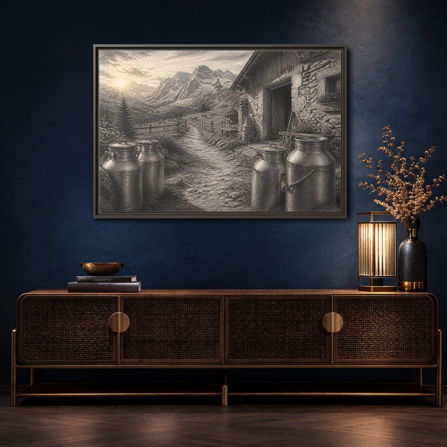 Mockup 4. Alpine Milk Cans At Dawn shown as framed canvas print