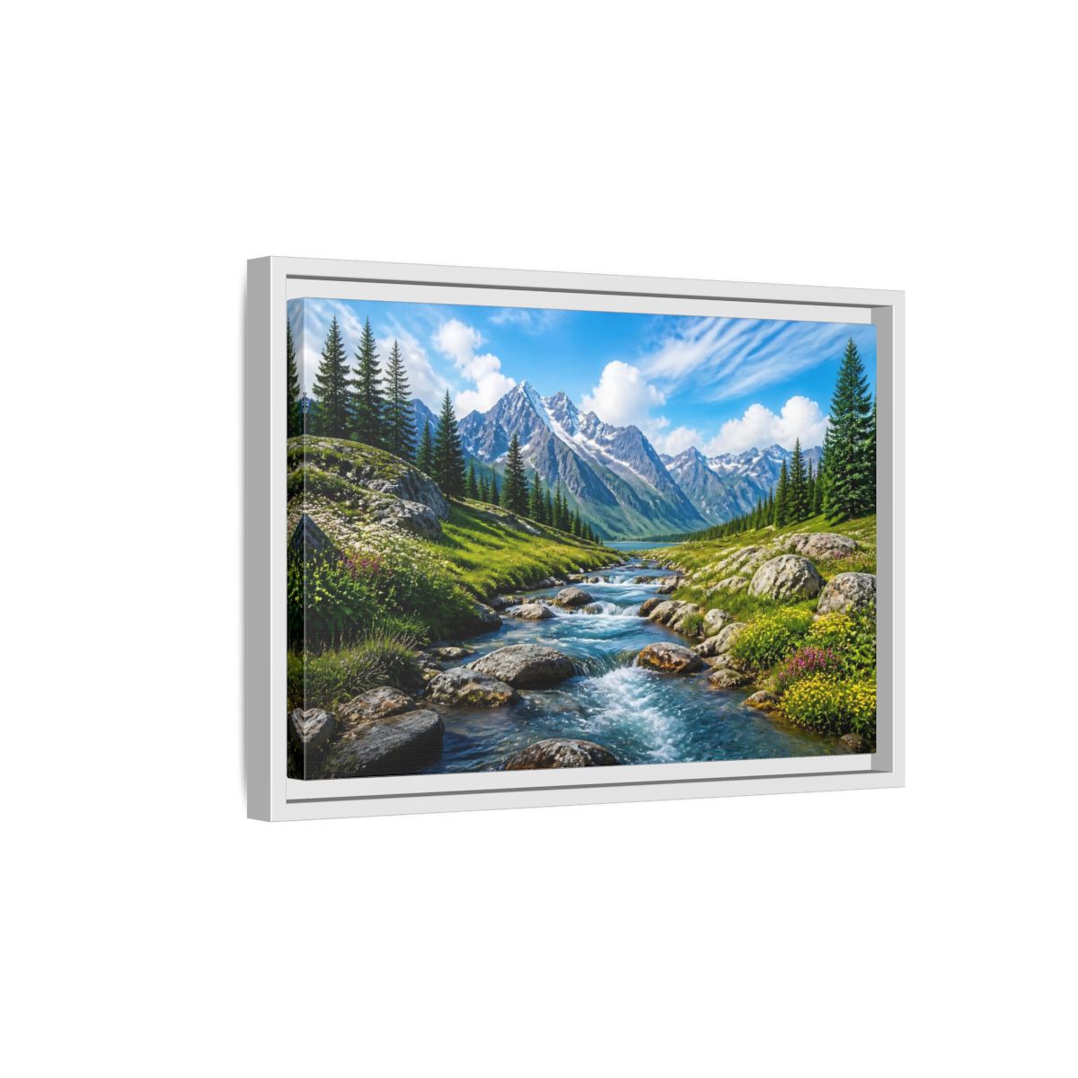 Side Mockup 4. Alpine Mountain Stream shown as framed canvas print