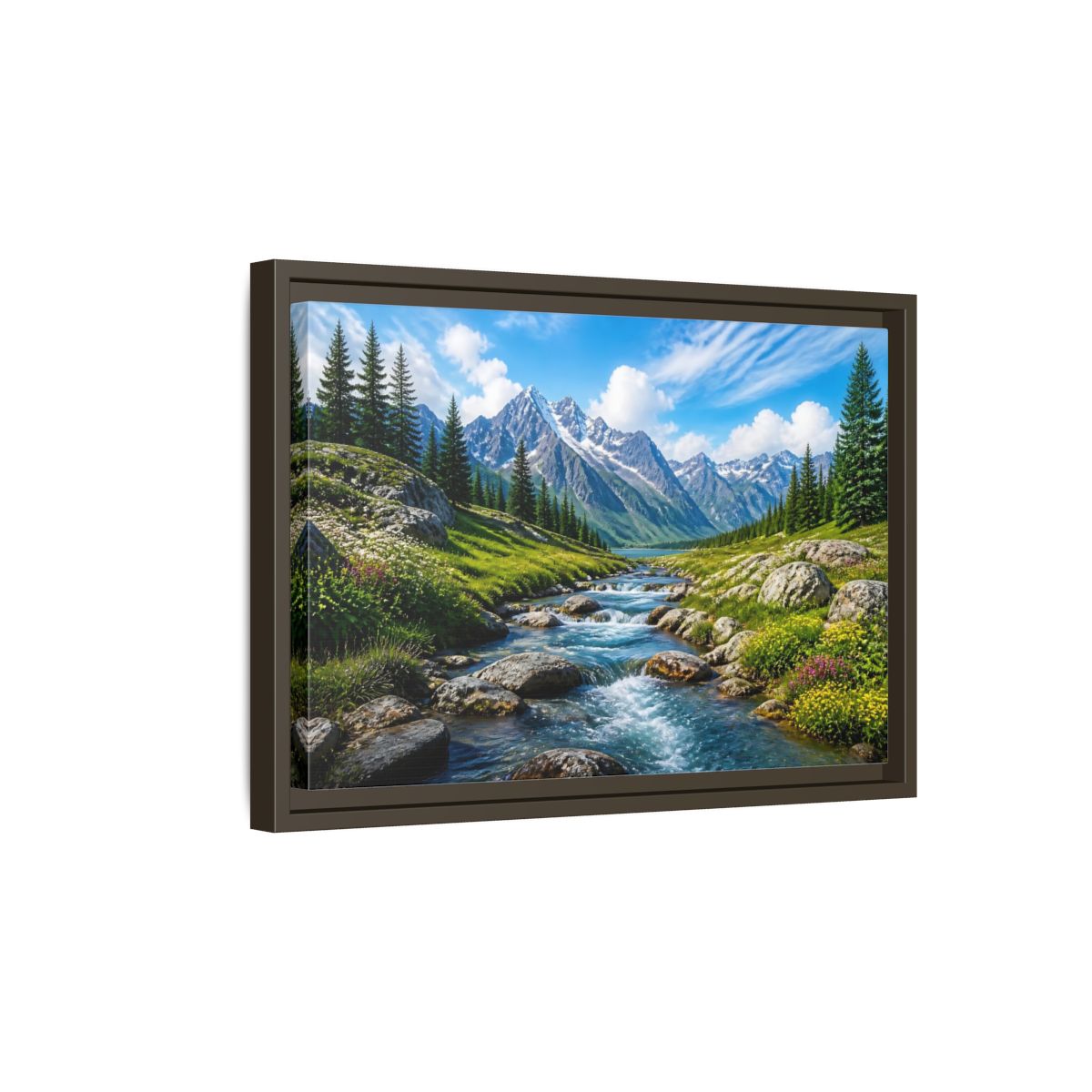 Side Mockup 5. Alpine Mountain Stream shown as framed canvas print
