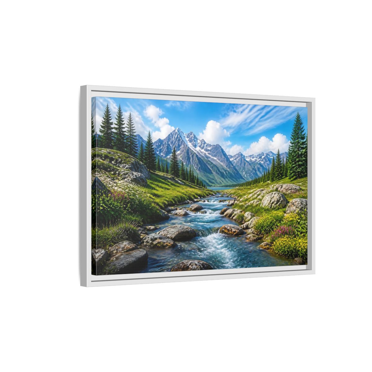 Side Mockup 1. Alpine Mountain Stream shown as framed canvas print