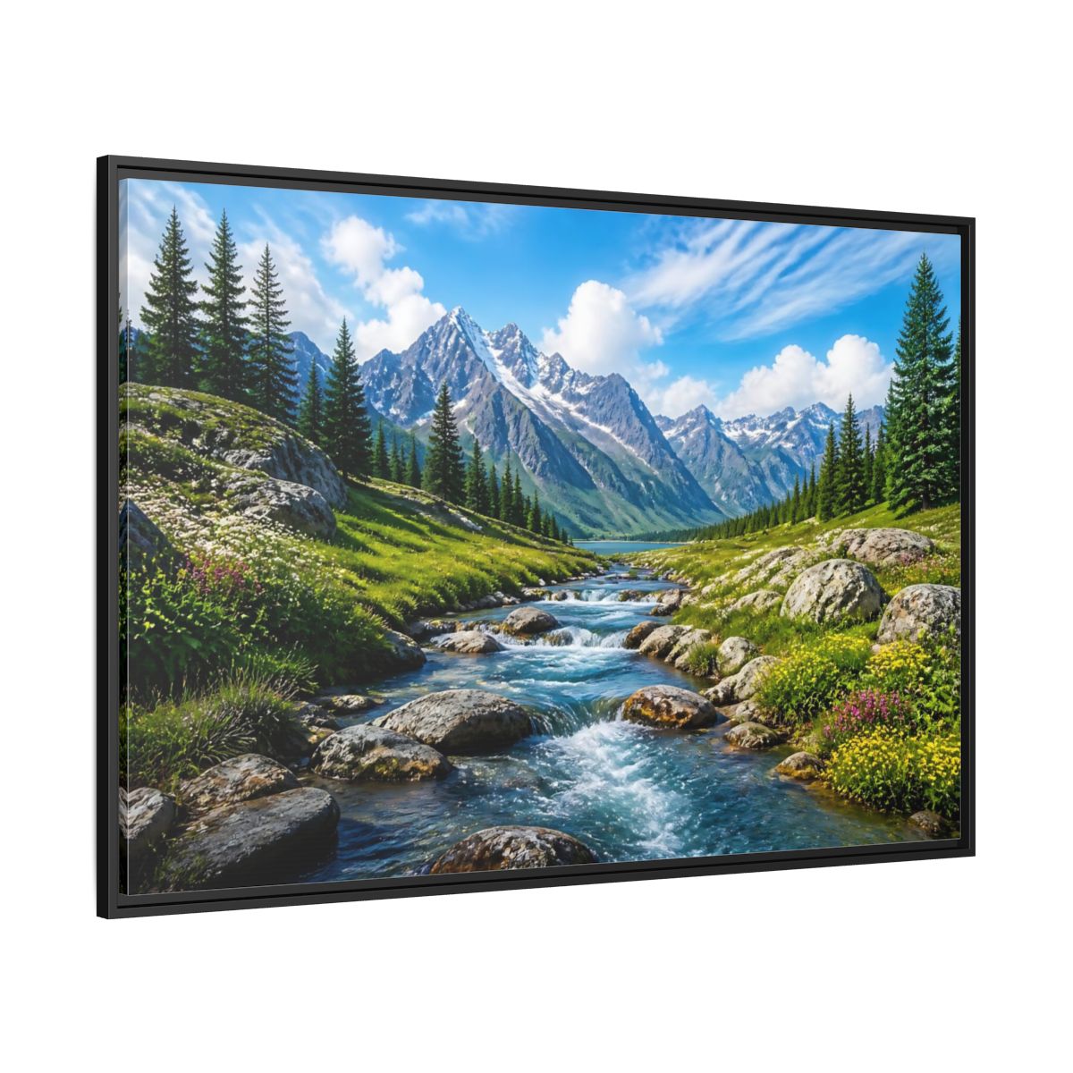 Side Mockup 12. Alpine Mountain Stream shown as framed canvas print