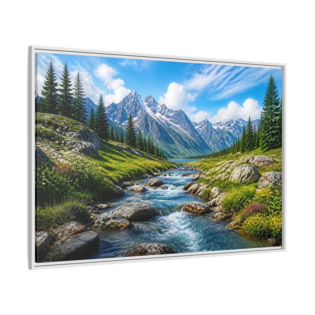 Side Mockup 7. Alpine Mountain Stream shown as framed canvas print