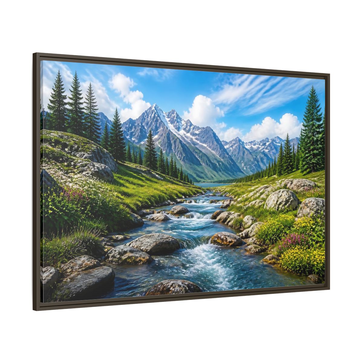 Side Mockup 8. Alpine Mountain Stream shown as framed canvas print