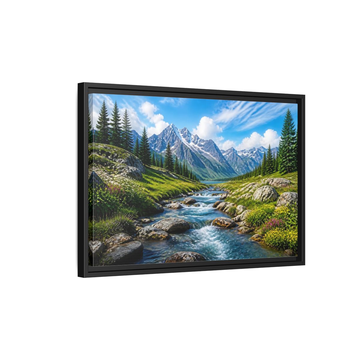 Side Mockup 3. Alpine Mountain Stream shown as framed canvas print