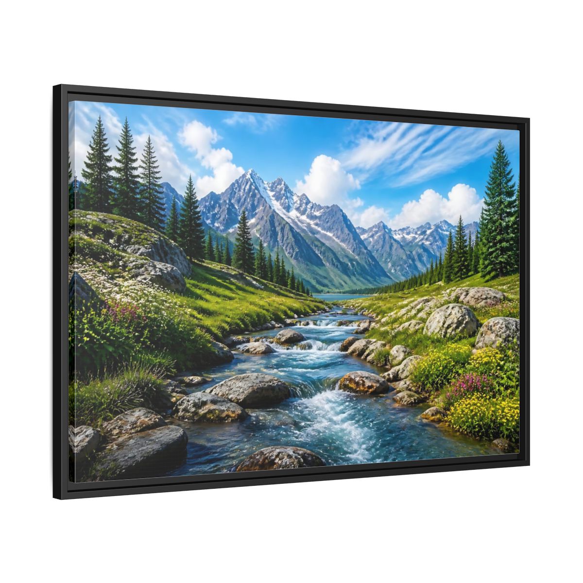 Side Mockup 13. Alpine Mountain Stream shown as framed canvas print