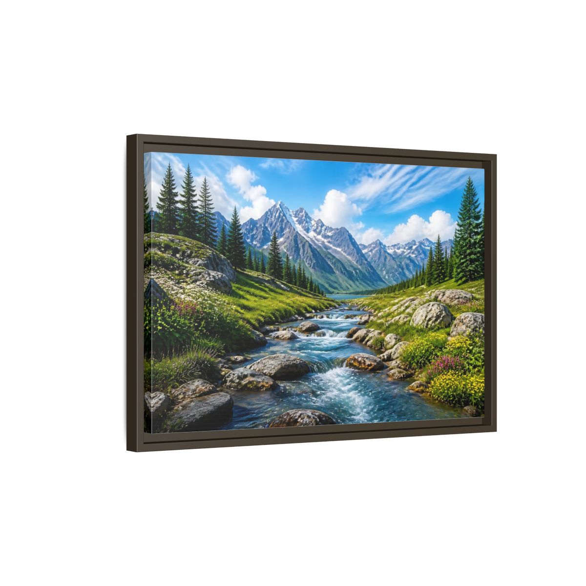 Side Mockup 2. Alpine Mountain Stream shown as framed canvas print