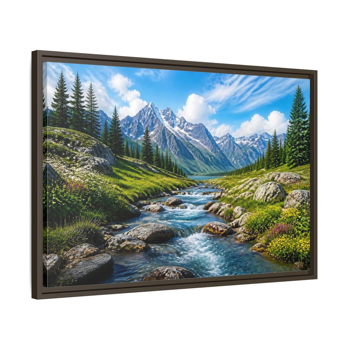 Side Mockup 11. Alpine Mountain Stream shown as framed canvas print