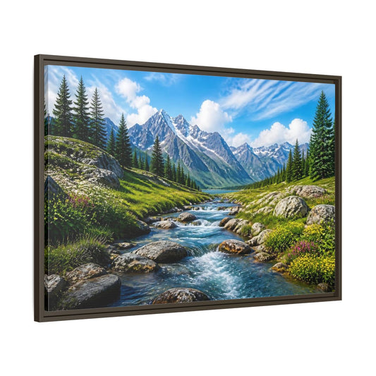 Main Mockup. Alpine Mountain Stream shown as framed canvas print