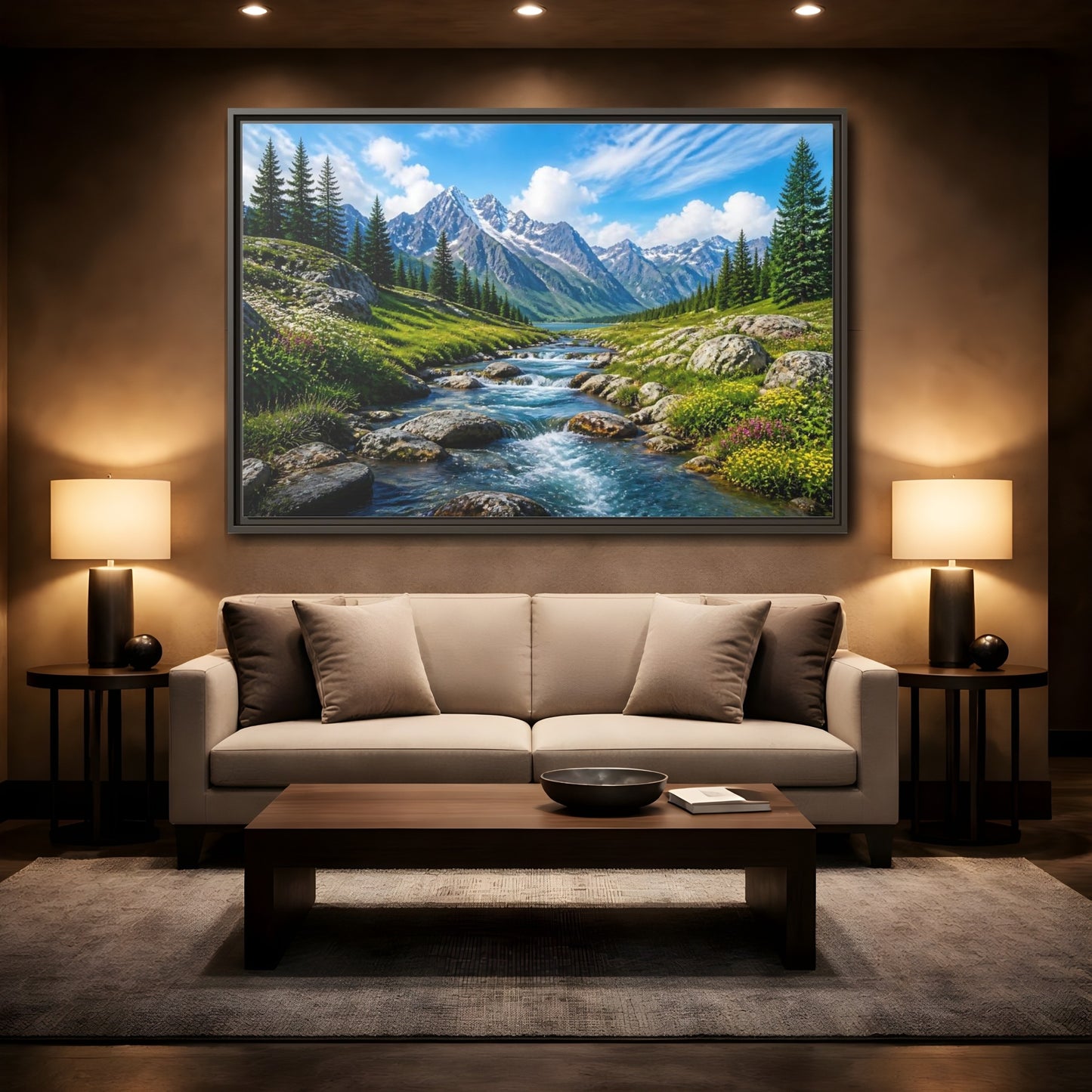 Mockup 2. Alpine Mountain Stream shown as framed canvas print