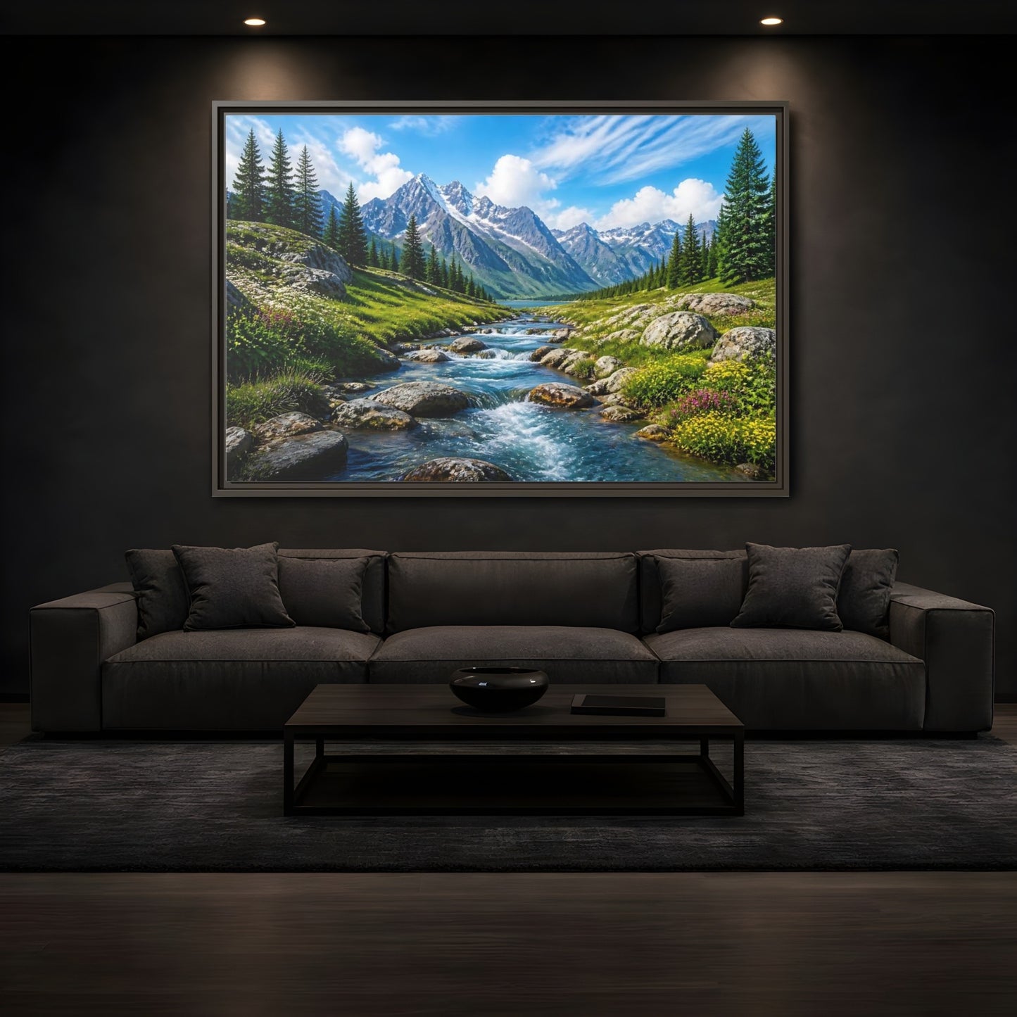 Mockup 3. Alpine Mountain Stream shown as framed canvas print