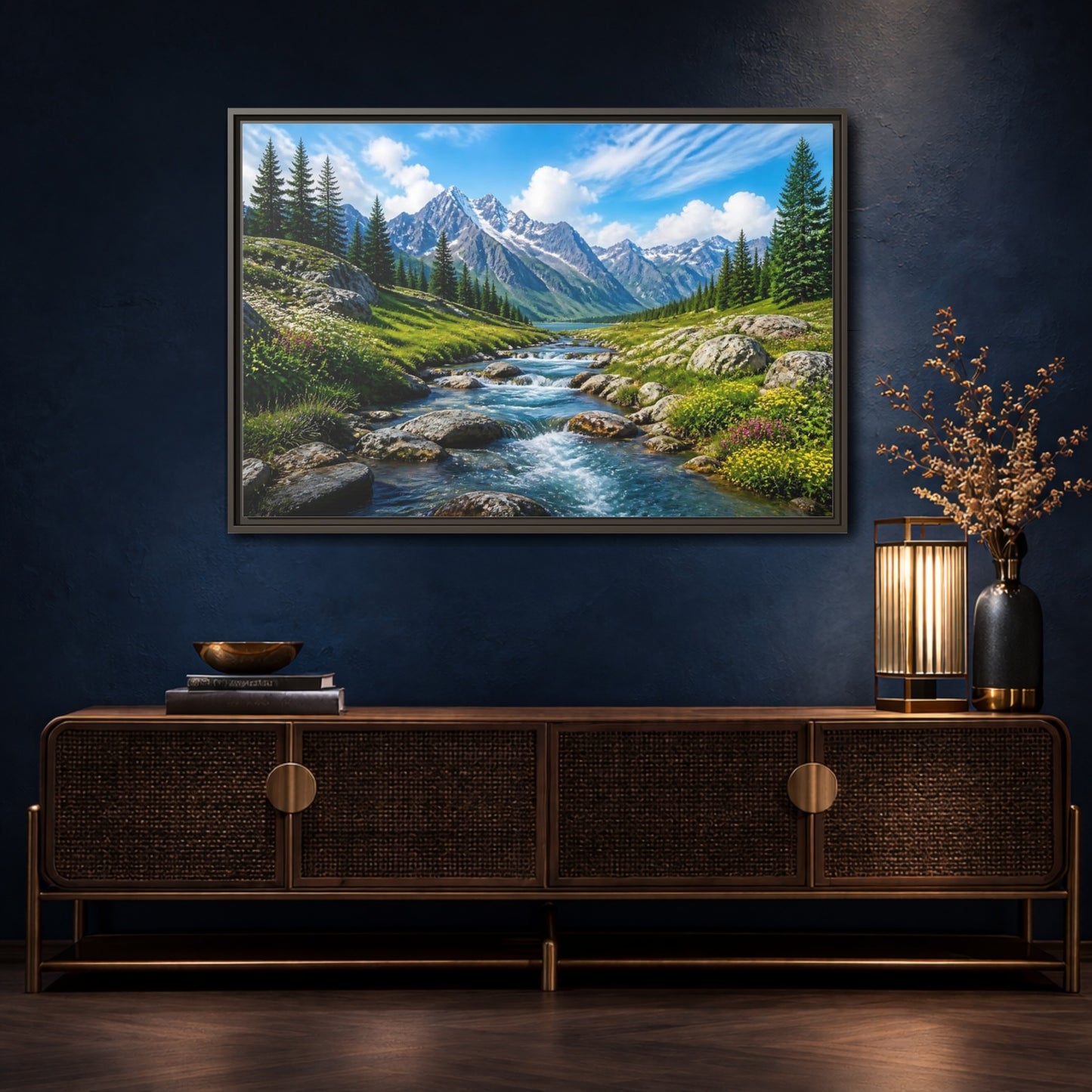 Mockup 4. Alpine Mountain Stream shown as framed canvas print