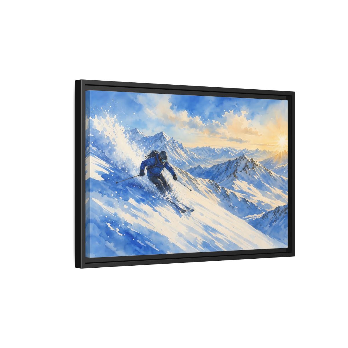 Side Mockup 3. Alpine Powder Run shown as framed canvas print