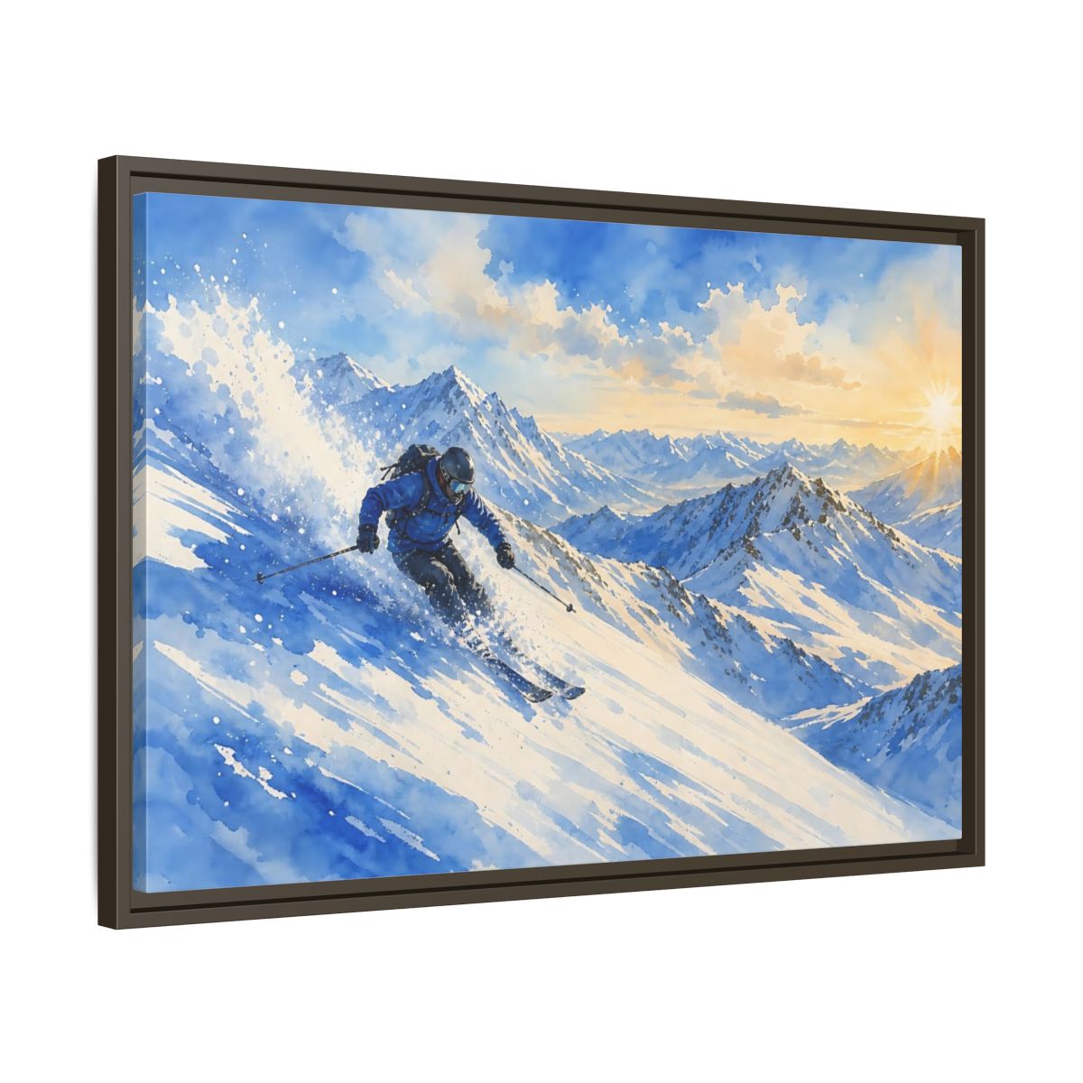 Side Mockup 11. Alpine Powder Run shown as framed canvas print