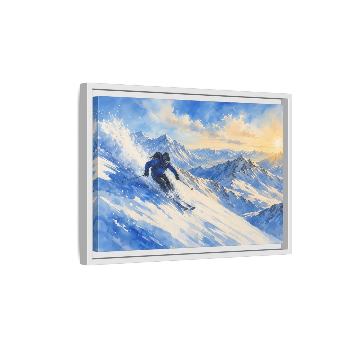 Side Mockup 4. Alpine Powder Run shown as framed canvas print