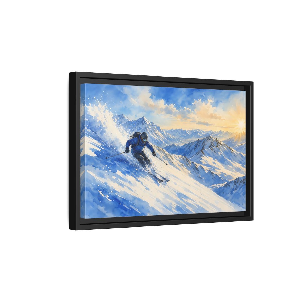 Side Mockup 6. Alpine Powder Run shown as framed canvas print