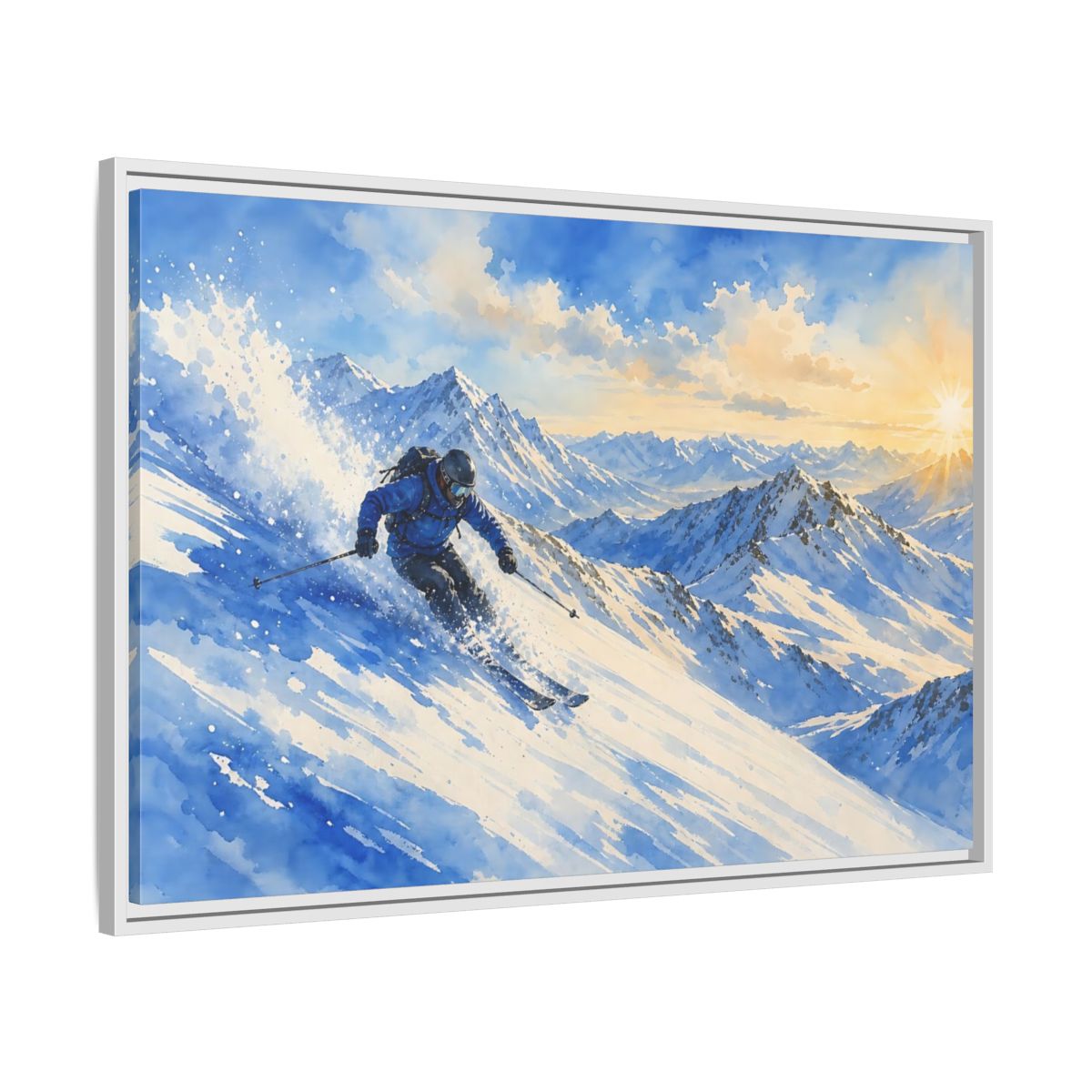 Side Mockup 9. Alpine Powder Run shown as framed canvas print