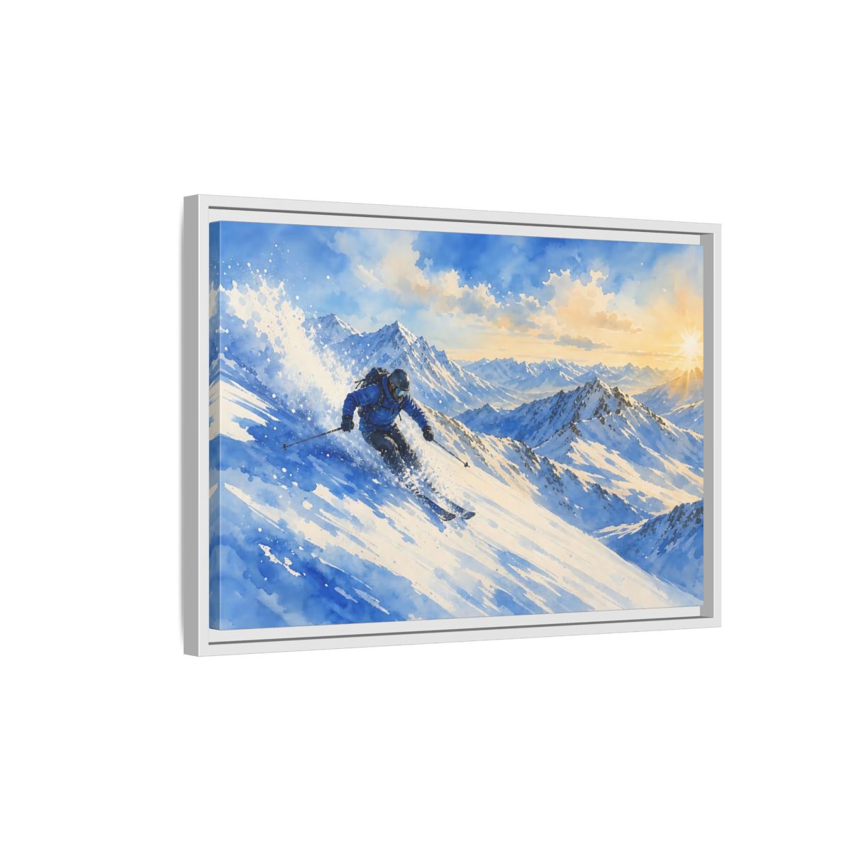 Side Mockup 1. Alpine Powder Run shown as framed canvas print