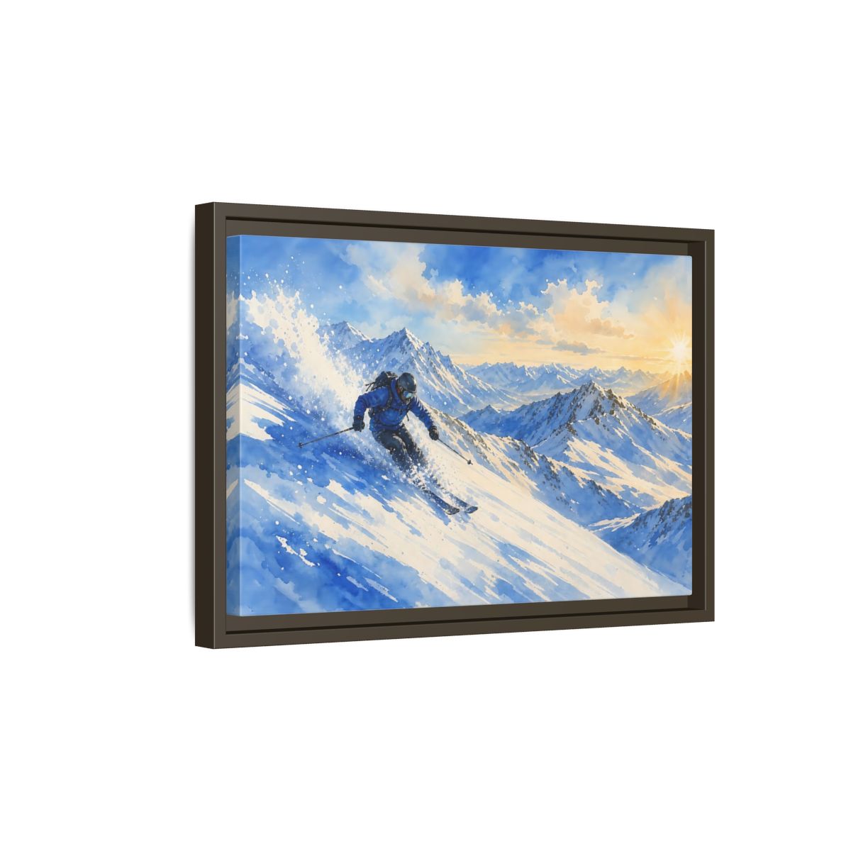 Side Mockup 5. Alpine Powder Run shown as framed canvas print