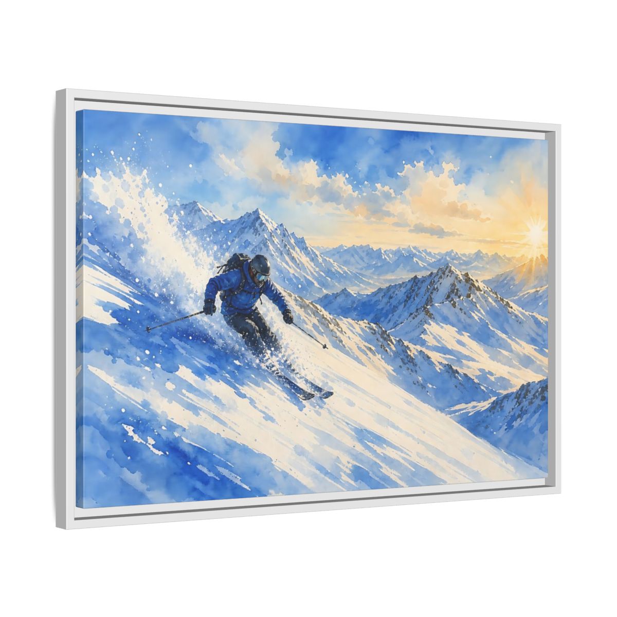 Side Mockup 10. Alpine Powder Run shown as framed canvas print