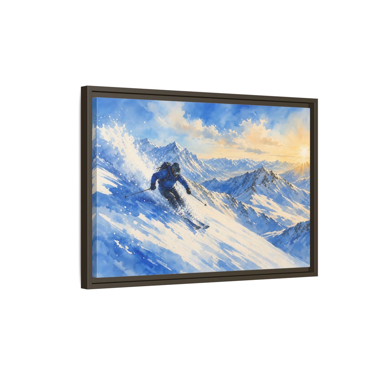 Side Mockup 2. Alpine Powder Run shown as framed canvas print