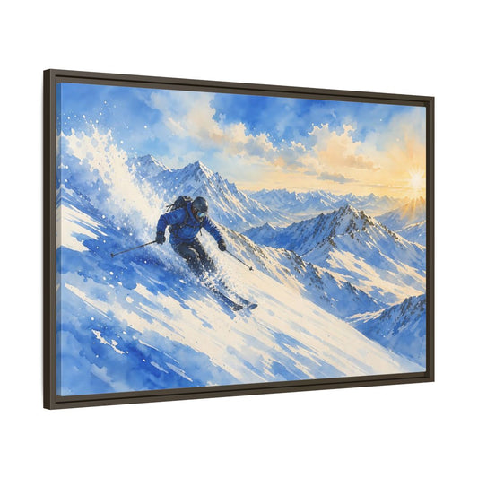 Main Mockup. Alpine Powder Run shown as framed canvas print