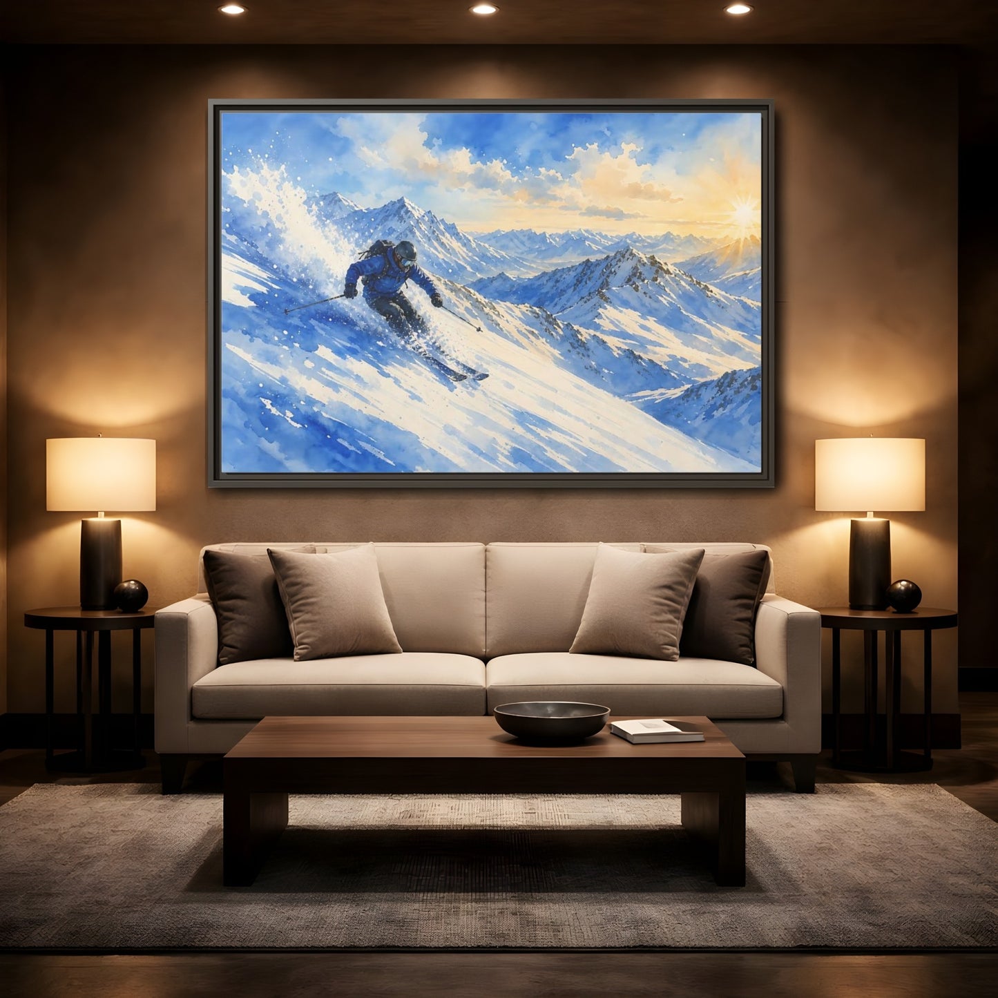 Mockup 2. Alpine Powder Run shown as framed canvas print