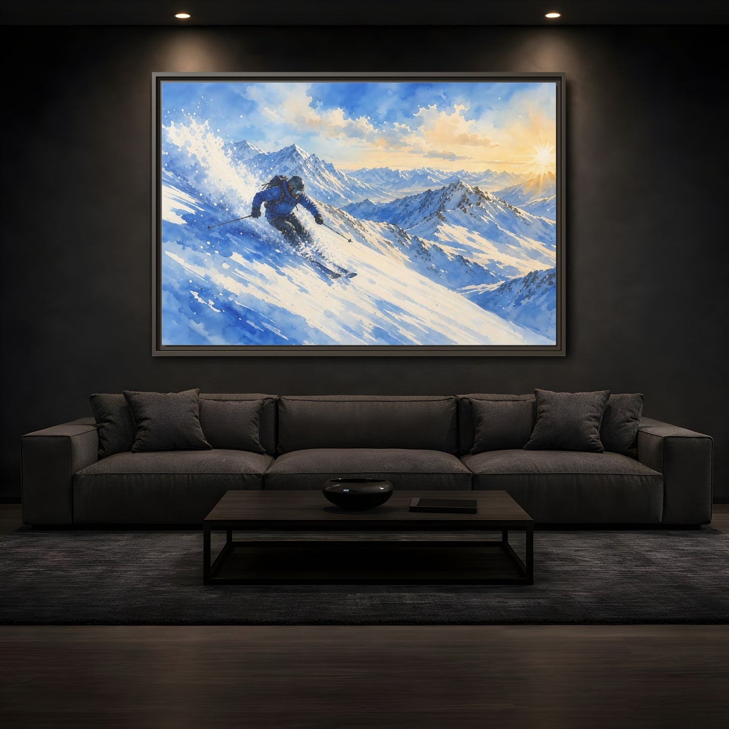 Mockup 3. Alpine Powder Run shown as framed canvas print