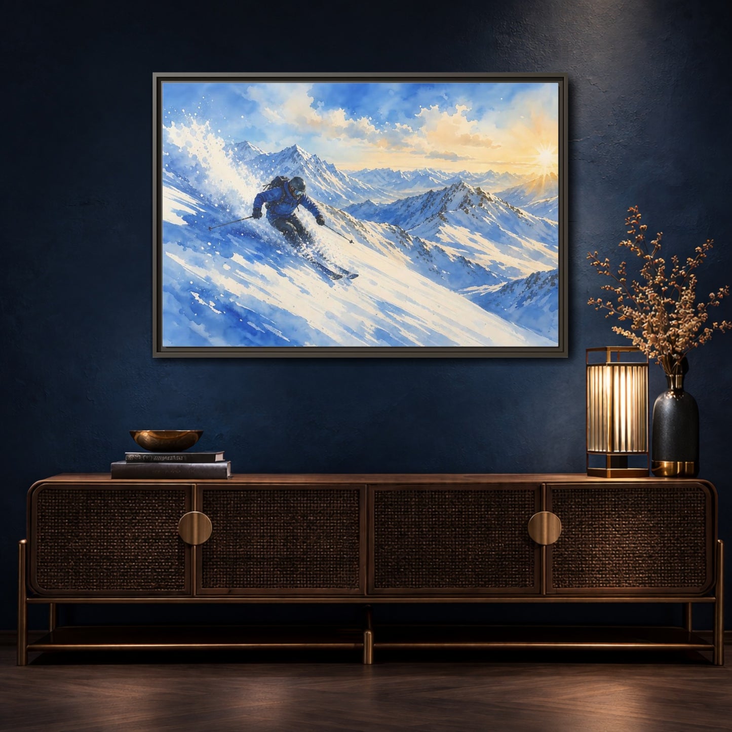 Mockup 4. Alpine Powder Run shown as framed canvas print
