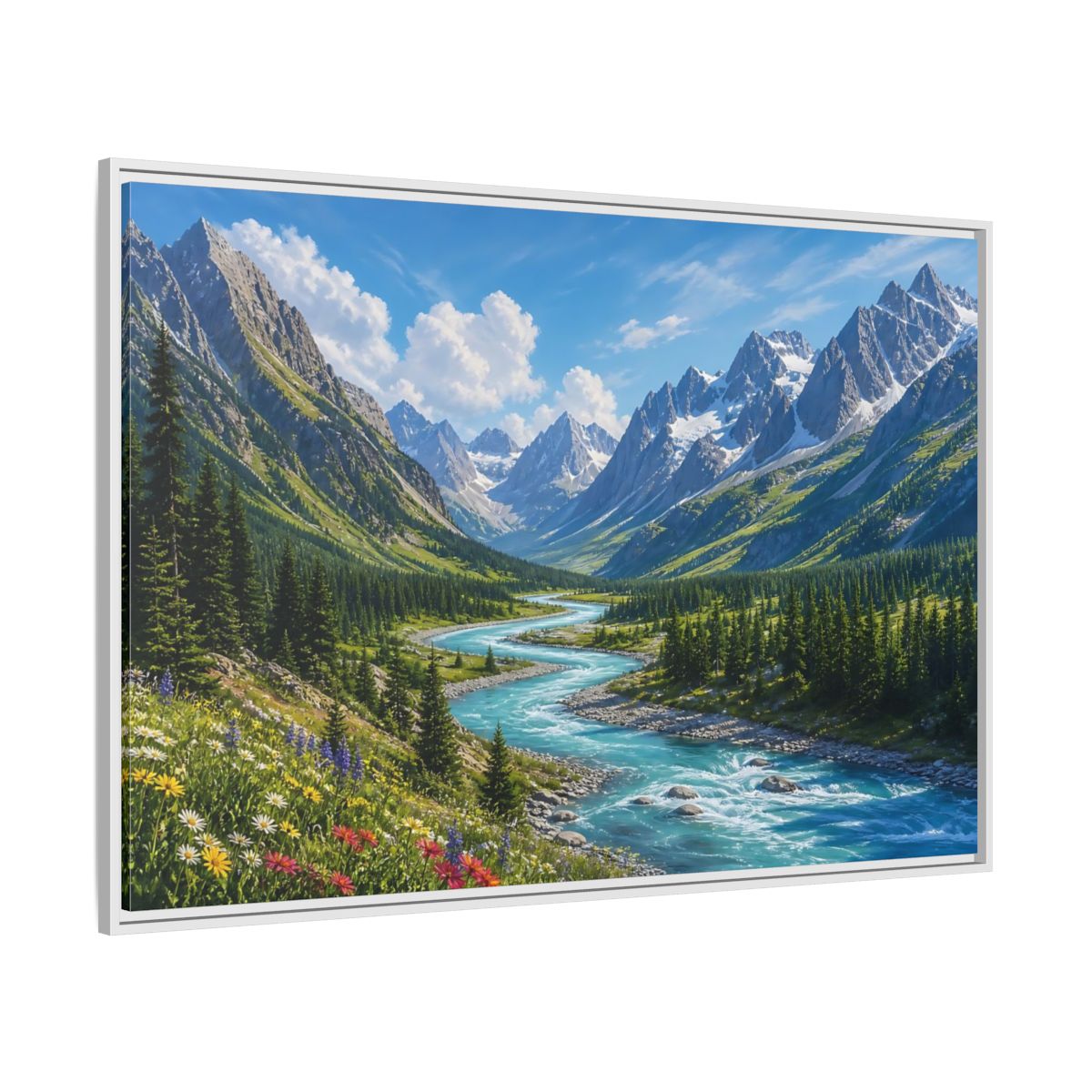 Side Mockup 7. Alpine River Valley shown as framed canvas print
