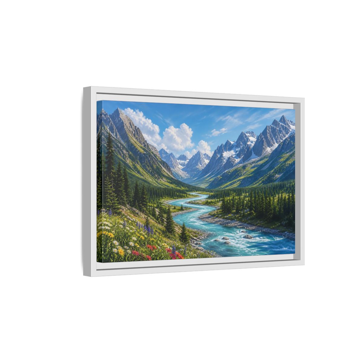 Side Mockup 4. Alpine River Valley shown as framed canvas print
