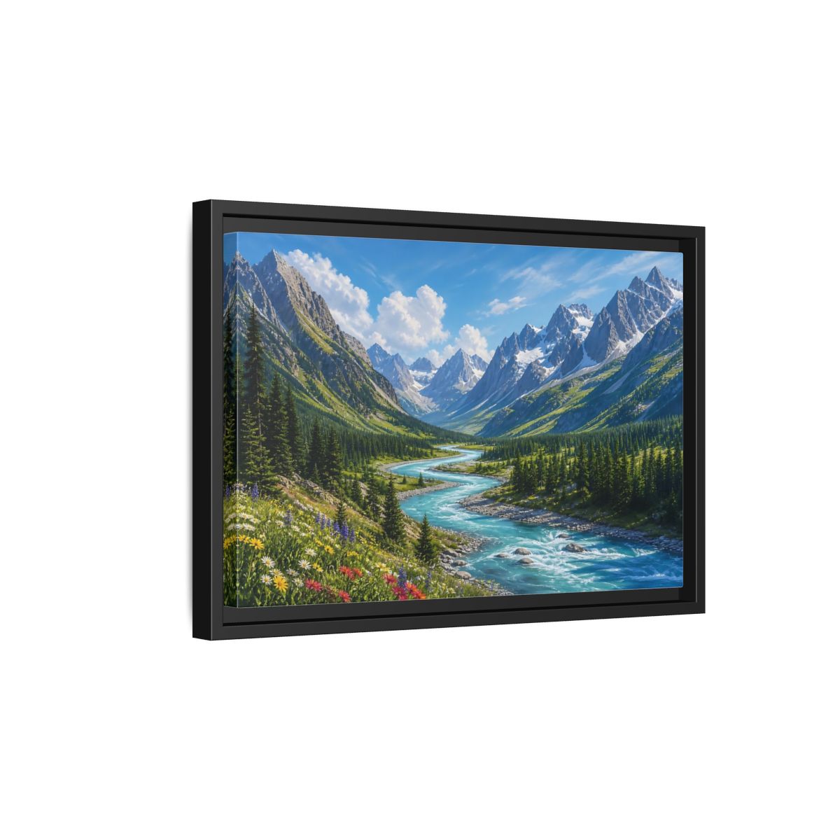 Side Mockup 6. Alpine River Valley shown as framed canvas print