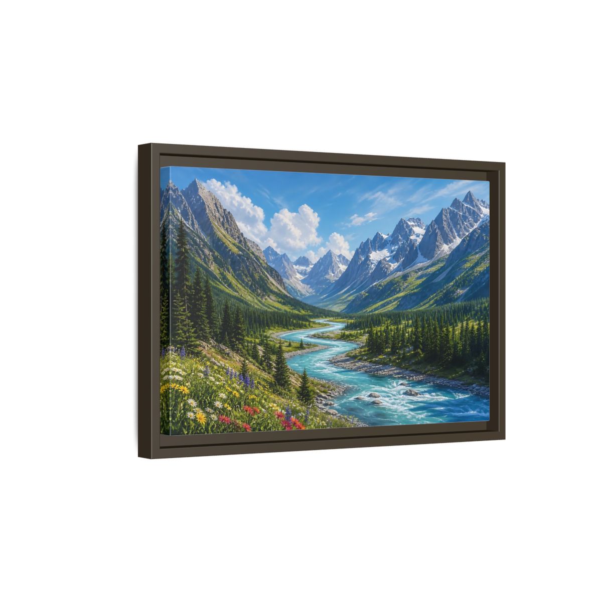 Side Mockup 5. Alpine River Valley shown as framed canvas print