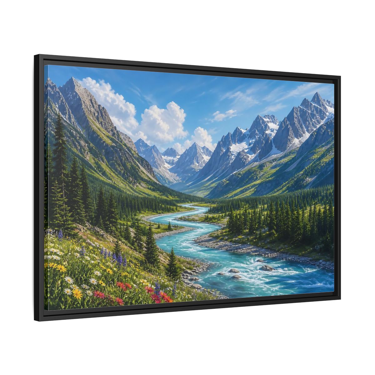 Side Mockup 13. Alpine River Valley shown as framed canvas print