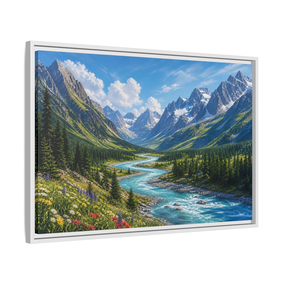 Side Mockup 10. Alpine River Valley shown as framed canvas print