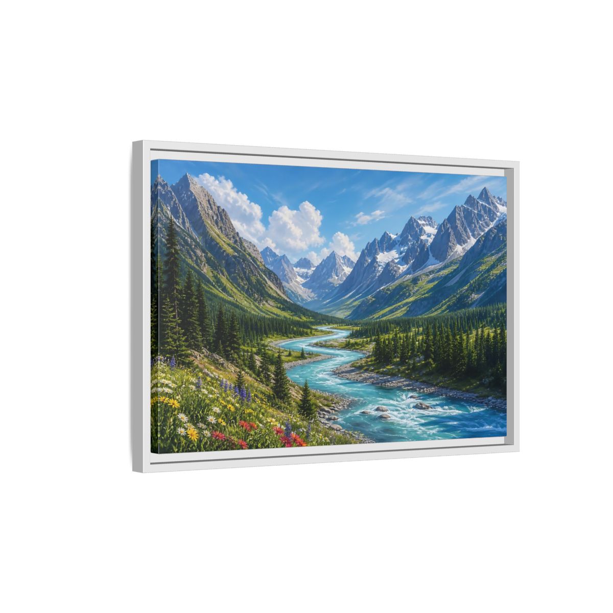 Side Mockup 1. Alpine River Valley shown as framed canvas print