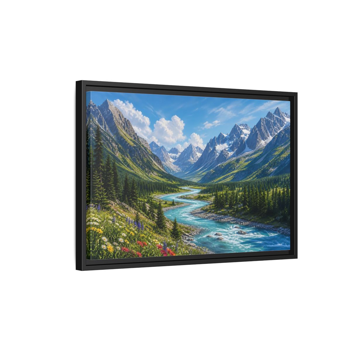 Side Mockup 3. Alpine River Valley shown as framed canvas print