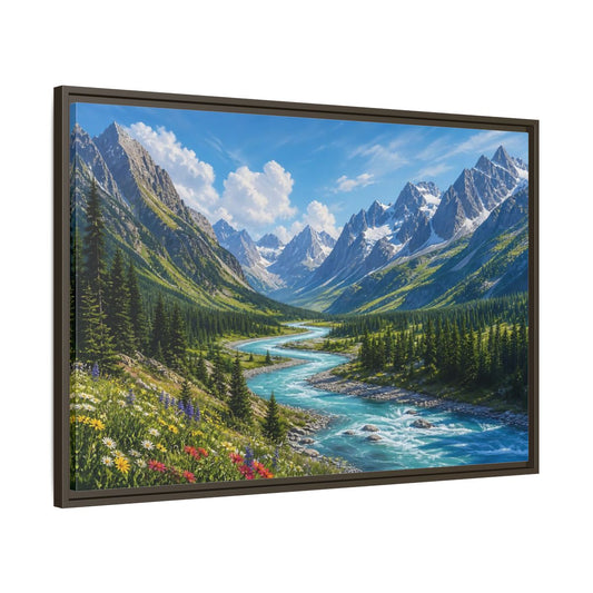 Main Mockup. Alpine River Valley shown as framed canvas print