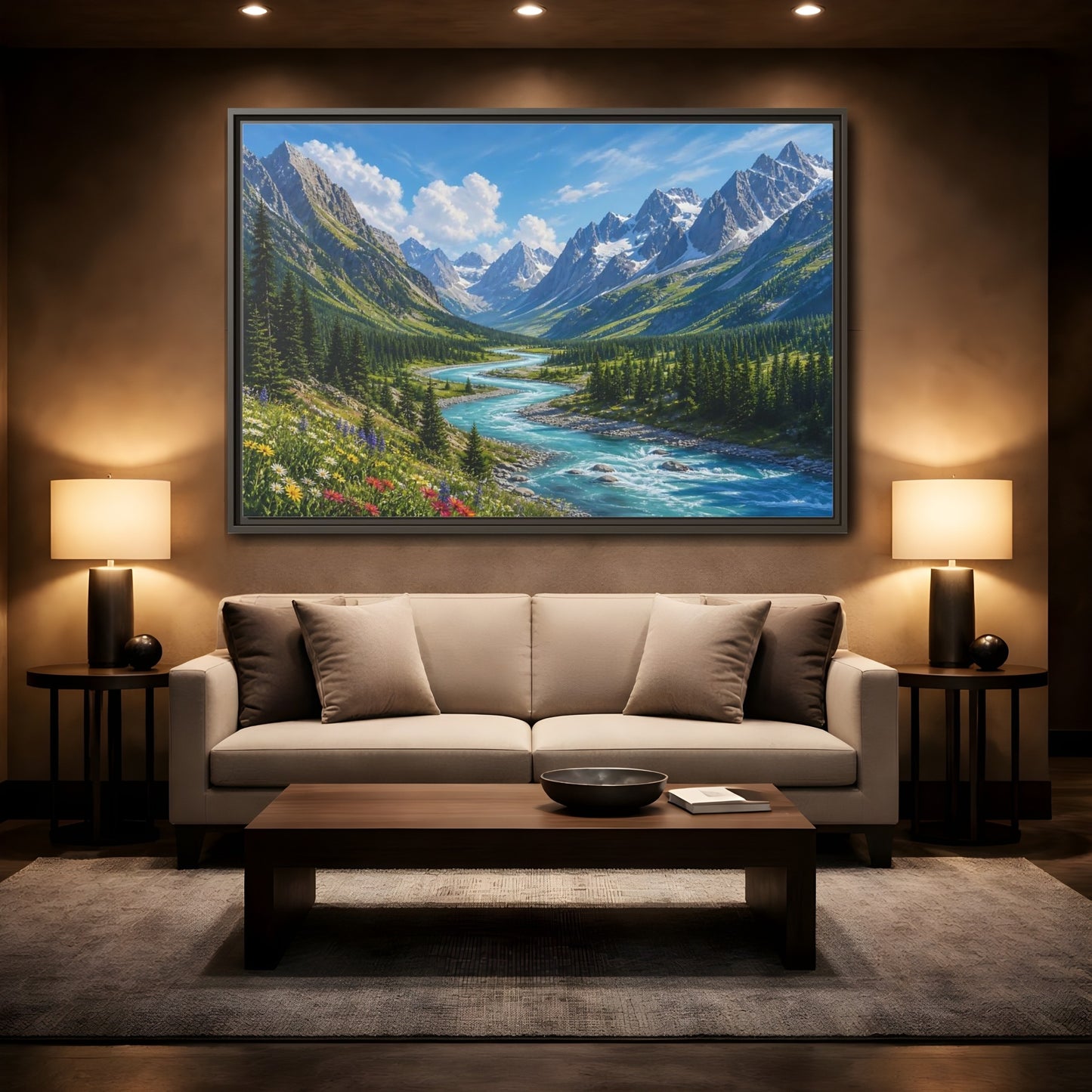 Mockup 2. Alpine River Valley shown as framed canvas print