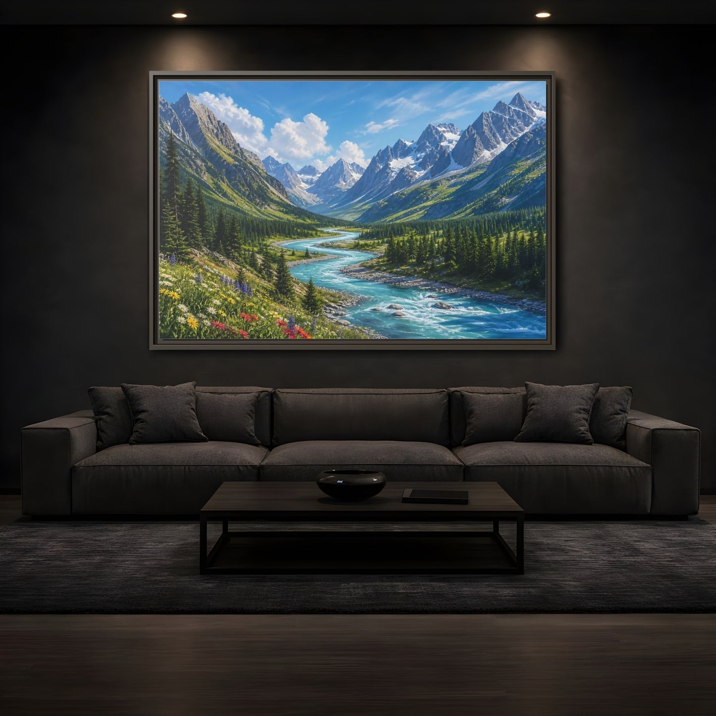 Mockup 3. Alpine River Valley shown as framed canvas print