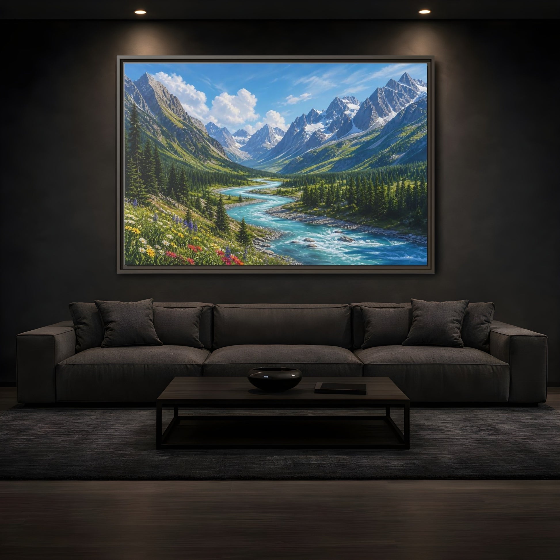 Mockup 3. Alpine River Valley shown as framed canvas print
