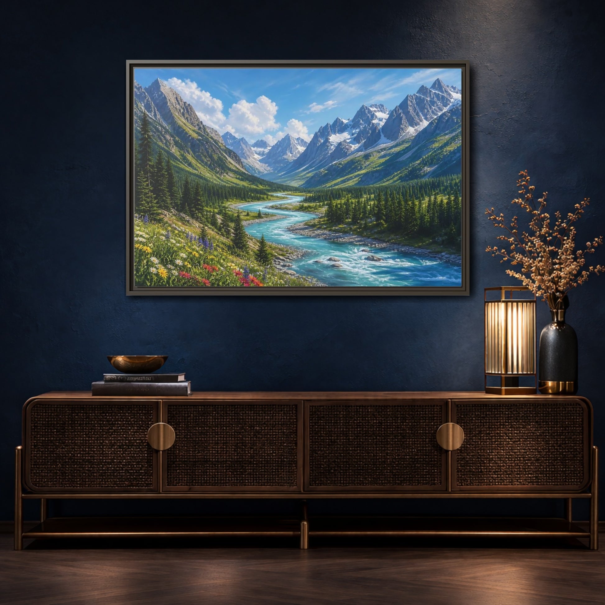 Mockup 4. Alpine River Valley shown as framed canvas print
