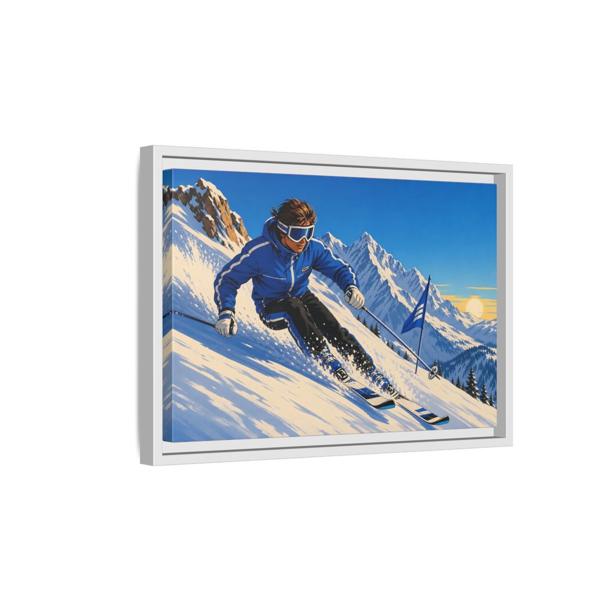 Side Mockup 4. Alpine Ski Descent shown as framed canvas print